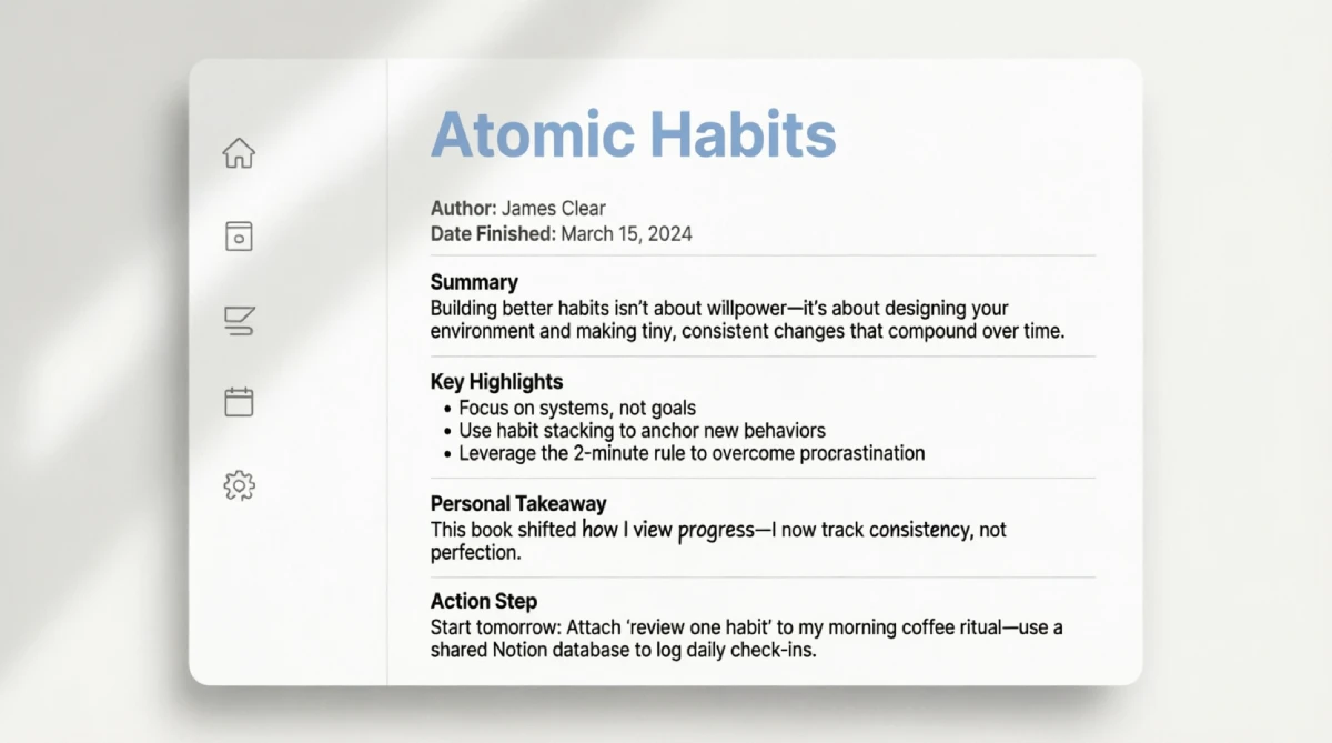 Example of a reading system template filled out for the book Atomic Habits