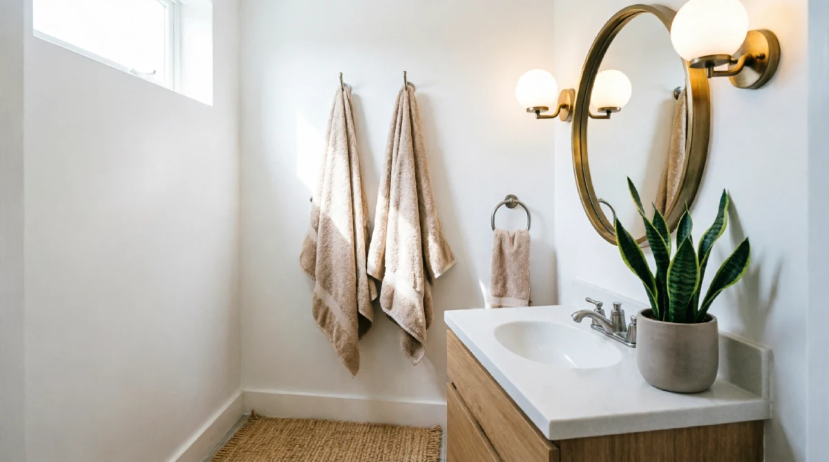 Cozy bathroom with textured towels, plant, and warm lighting