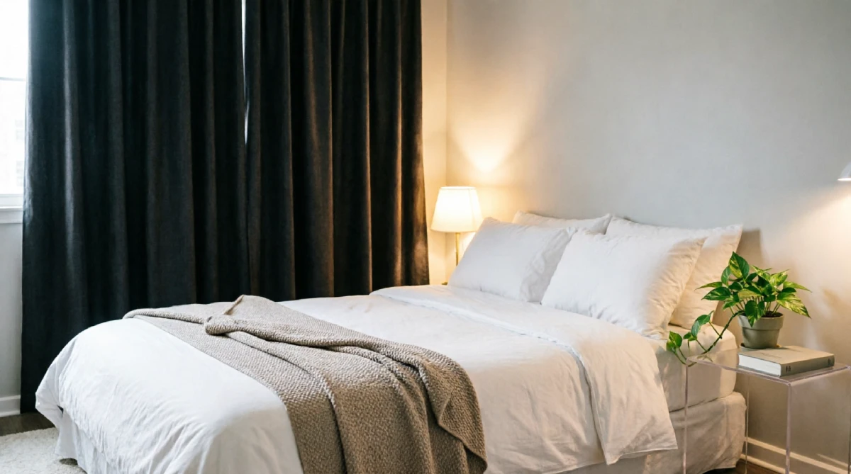Serene bedroom with blackout curtains and minimal clutter