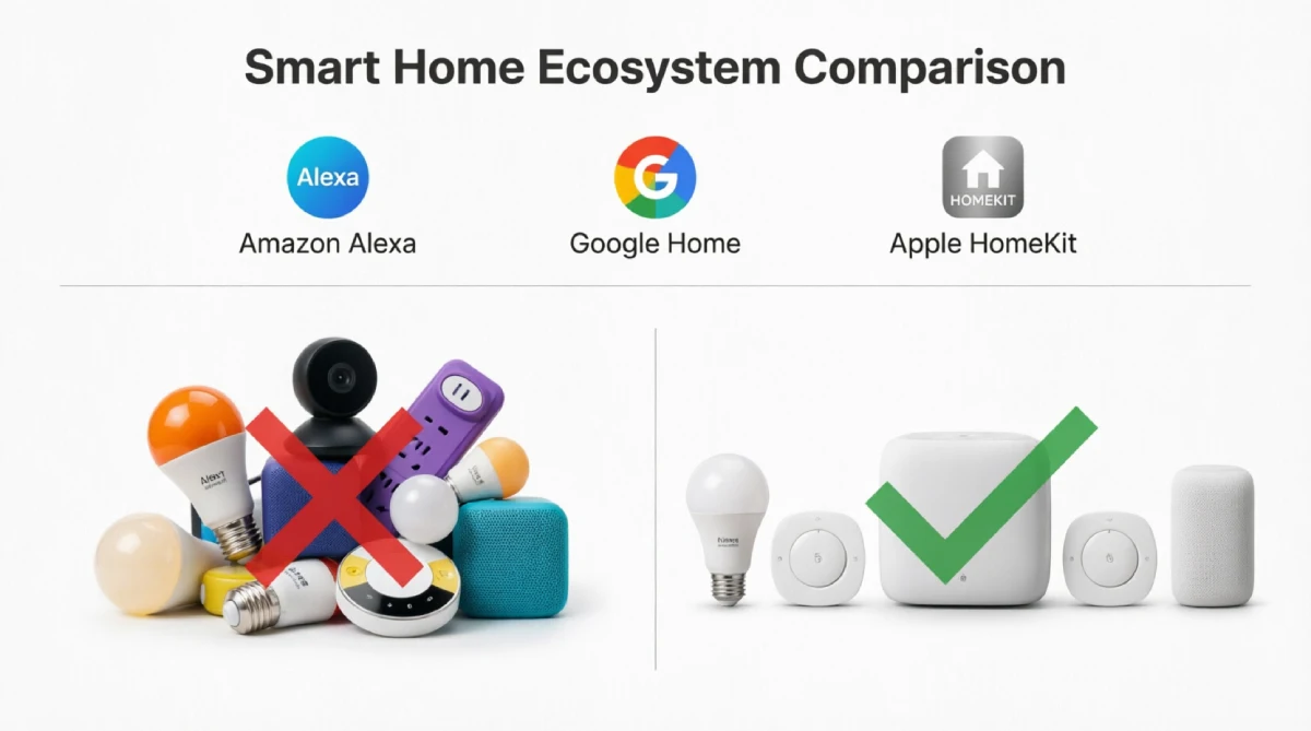 Comparison infographic of single smart home ecosystem vs mixed incompatible devices