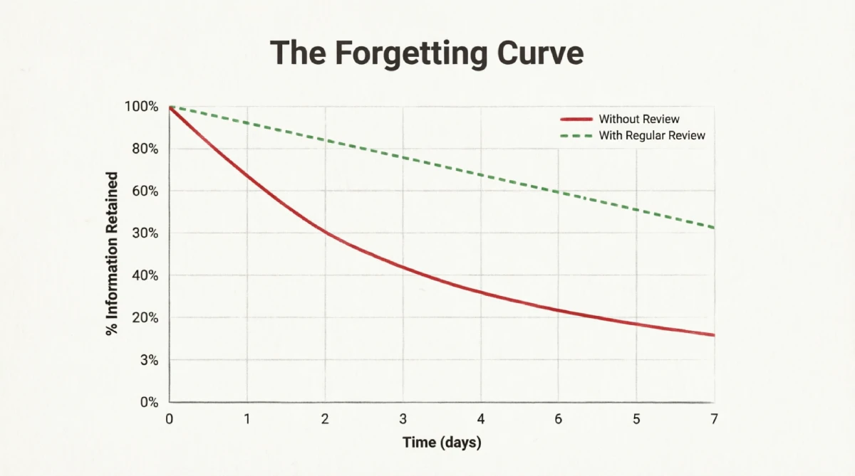 Graph showing the Ebbinghaus forgetting curve with and without regular review