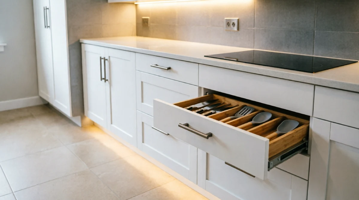 Kitchen with under-cabinet lighting and organized drawer storage