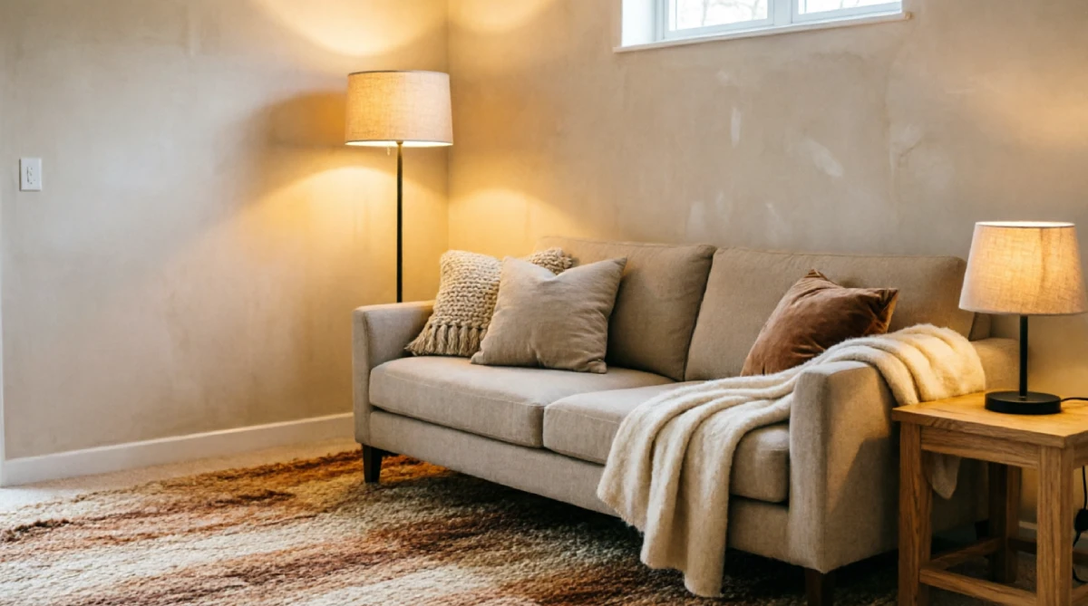 Cozy living room with furniture away from walls and layered warm lighting