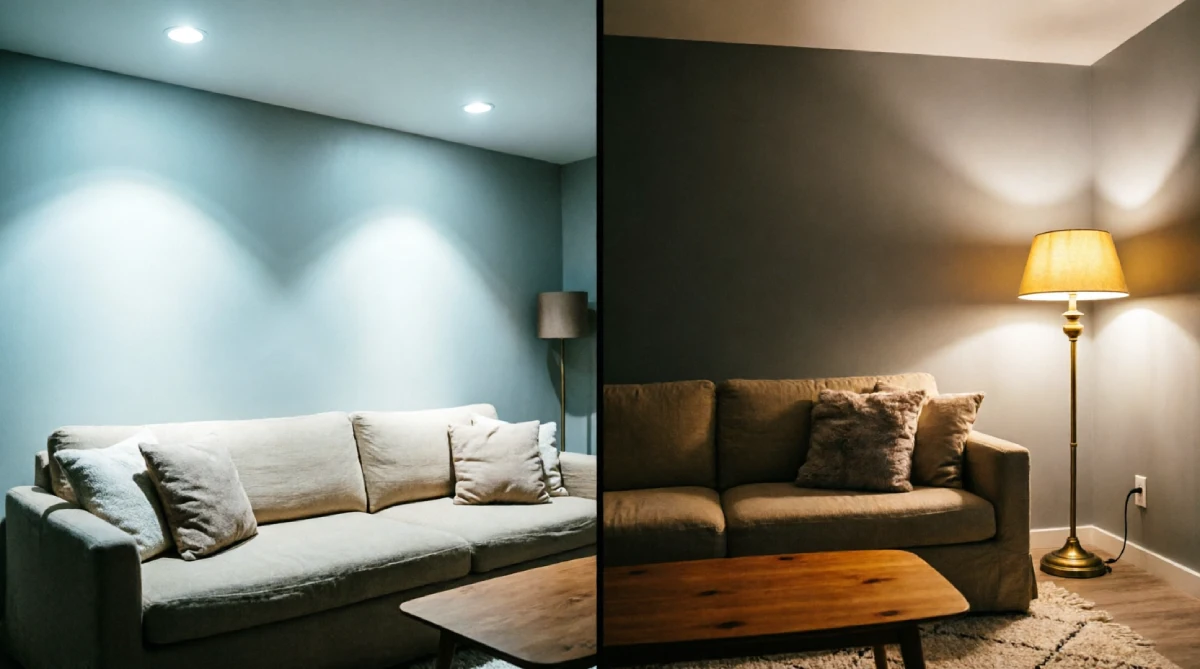 Before and after of living room lighting with warm floor lamp versus harsh overhead
