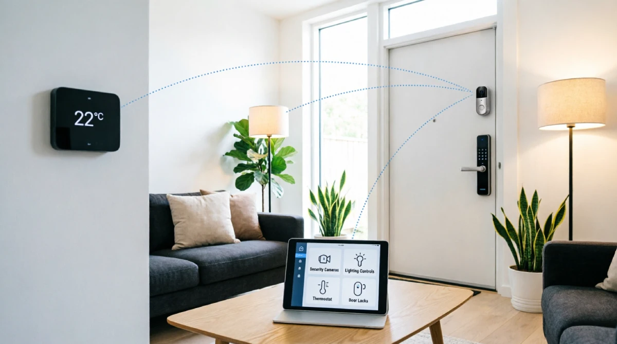 Alt Text: Smart home devices connected to a central control hub in a living room